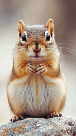 Close-up portrait of a chipmunk standing on rockの素材
