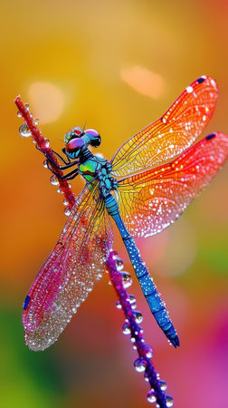 Colorful dragonfly with dew-covered wings against soft blurred backdropの素材