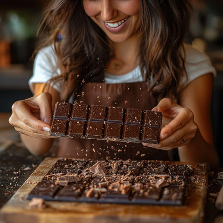 Smiling Woman Holding Chocolate Barの素材