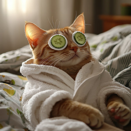 Relaxed cat in spa robe with cucumber eye maskの素材