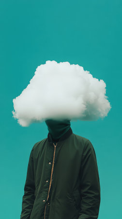 Surreal portrait of cloud-headed figure in dark jacketの素材