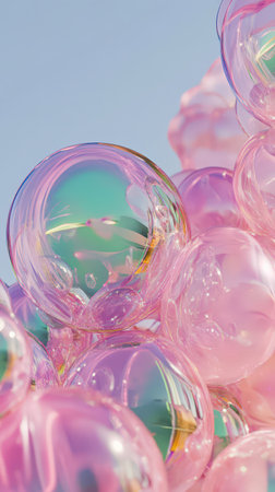 Iridescent pink soap bubbles in close-up with soft reflectionsの素材