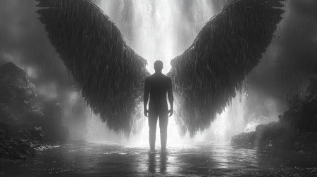 Dark angel silhouette against a waterfall in the rainの素材