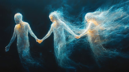 Ethereal figures in blue and orange energy flow, holding handsの素材