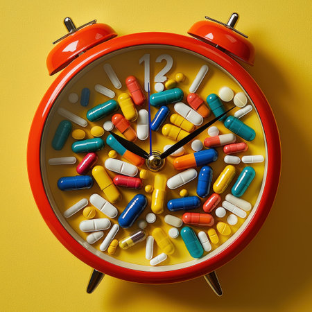 Conceptual alarm clock filled with colorful pills on yellow backgroundの素材