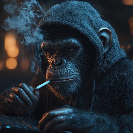 Smoking chimpanzee in hoodie typing on keyboardの素材