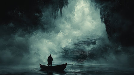Rowboat and staircase amid ominous dark cloudsの素材