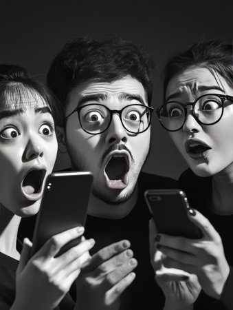 Black and white shocked adults with smartphones, digital illustrationの素材