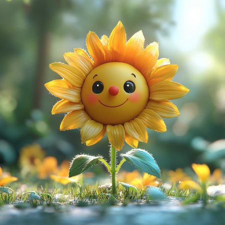Smiling sunflower character in a natural settingの素材