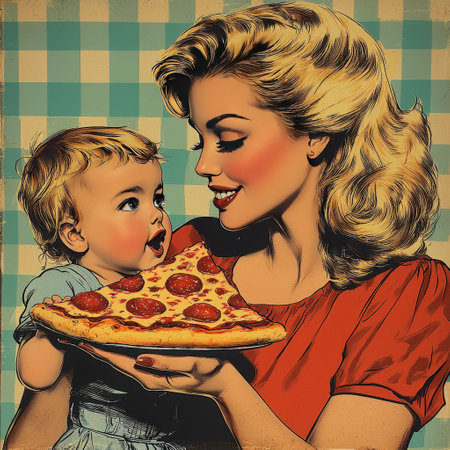 Retro mother and child sharing a slice of pizza illustrationの素材