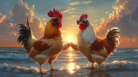 Two roosters in sunglasses at a sunset beach sceneの素材