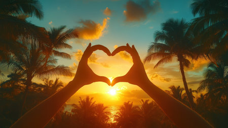 Hands forming heart shape at sunset over tropical sceneryの素材