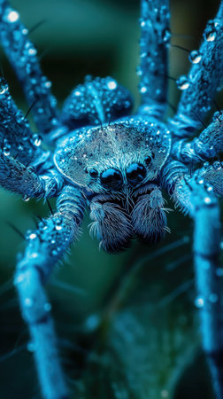 Close-up of dewy blue spider on a natural backgroundの素材