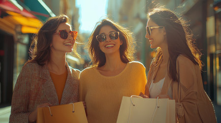 Smiling friends shopping outdoors in warm sunlightの素材