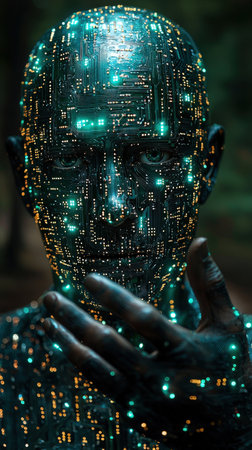 Futuristic face embedded with illuminated circuitryの素材