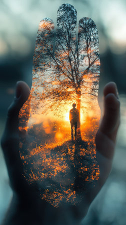 Surreal silhouette of person within hand-shaped sunset tree overlayの素材