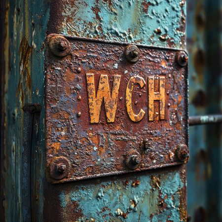 Close-up of rusted metal sign with aged textureの素材
