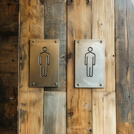 Wooden restroom signs on rustic wooden wallの素材