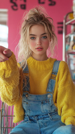 Casual fashion portrait of woman in yellow sweater and overallsの素材