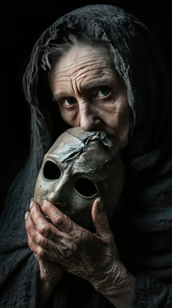 Somber elderly woman with aged mask in dim lightingの素材