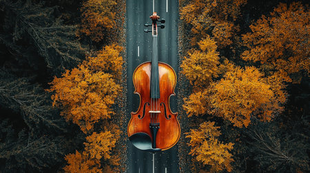 Violin on forest road during autumn from aerial viewの素材