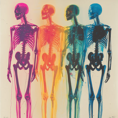 Four colorful skeletons in gradient hues on beige backgroundの素材