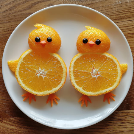 Orange slices arranged as cute baby chicks on a plateの素材