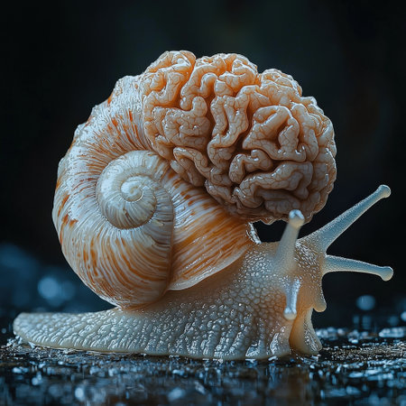 Surreal snail with human brain shell in close-up viewの素材