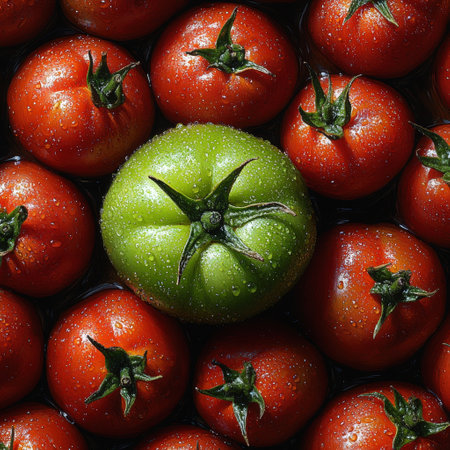 Single green tomato amidst red tomatoes with water dropletsの素材