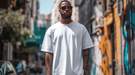 Stylish man in white T-shirt walking in urban settingの素材