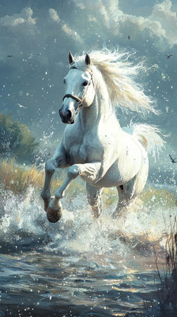 Majestic white horse splashing through river with scenic backdropの素材