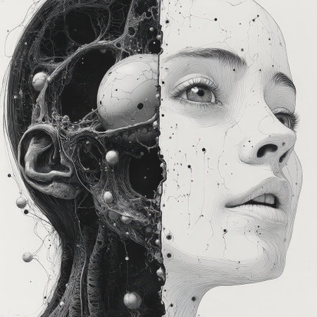 Artistic split-face illustration merging human and machine elementsの素材