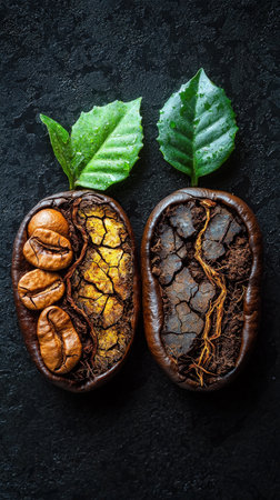 Coffee bean halves with detailed roots and leaves illustrationの素材