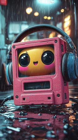 Cute retro cassette player character with headphones in rainy alleyの素材