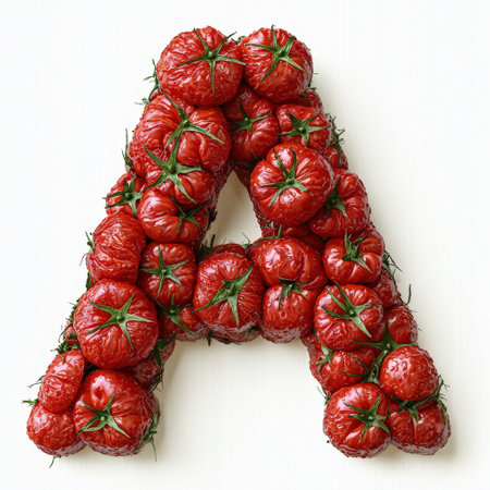 Letter A crafted from fresh red tomatoes on white backgroundの素材