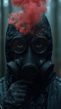 Close-up of gas-masked individual with red smoke in forestの素材