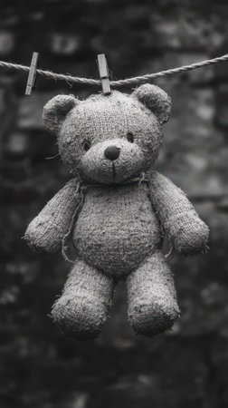 Worn teddy bear hanging from clothesline in outdoor settingの素材