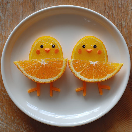Two orange slices arranged as cute chick faces on plateの素材