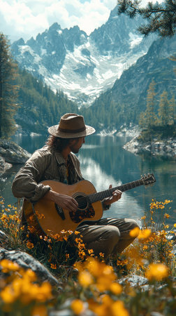 Man with guitar admiring mountain lake in tranquil settingの素材