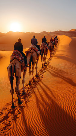 Camel Caravan at Sunset in Desert Landscapeの素材