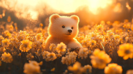 Fluffy bear in a warm sunset field of yellow flowersの素材