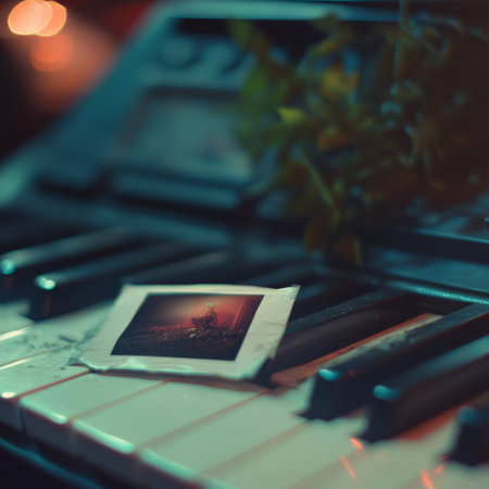 Polaroid photo on piano keys in soft ambient lightingの素材