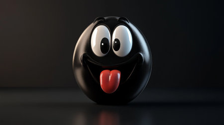 Black 3D smiley face with tongue out and playful eyes on dark backgroundの素材