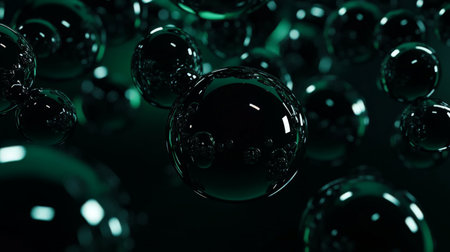 Dark abstract spheres with reflections floating in a black spaceの素材