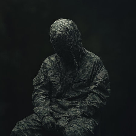 Seated figure in military camouflage with hidden faceの素材