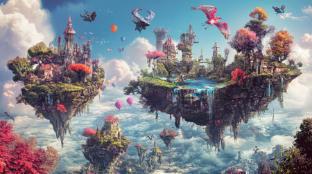 Floating castles and waterfalls in a fantasy landscapeの素材
