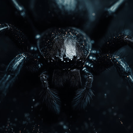 Close-up of a black spider with detailed texturesの素材