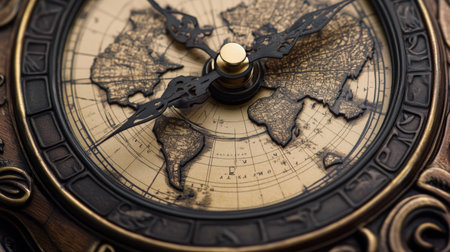 Vintage world clock with intricate map detail and metal handsの素材