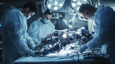 Advanced AI robot in medical lab being examined by doctorsの素材