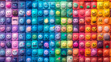Grid of colorful 3D emoji faces with different emotionsの素材